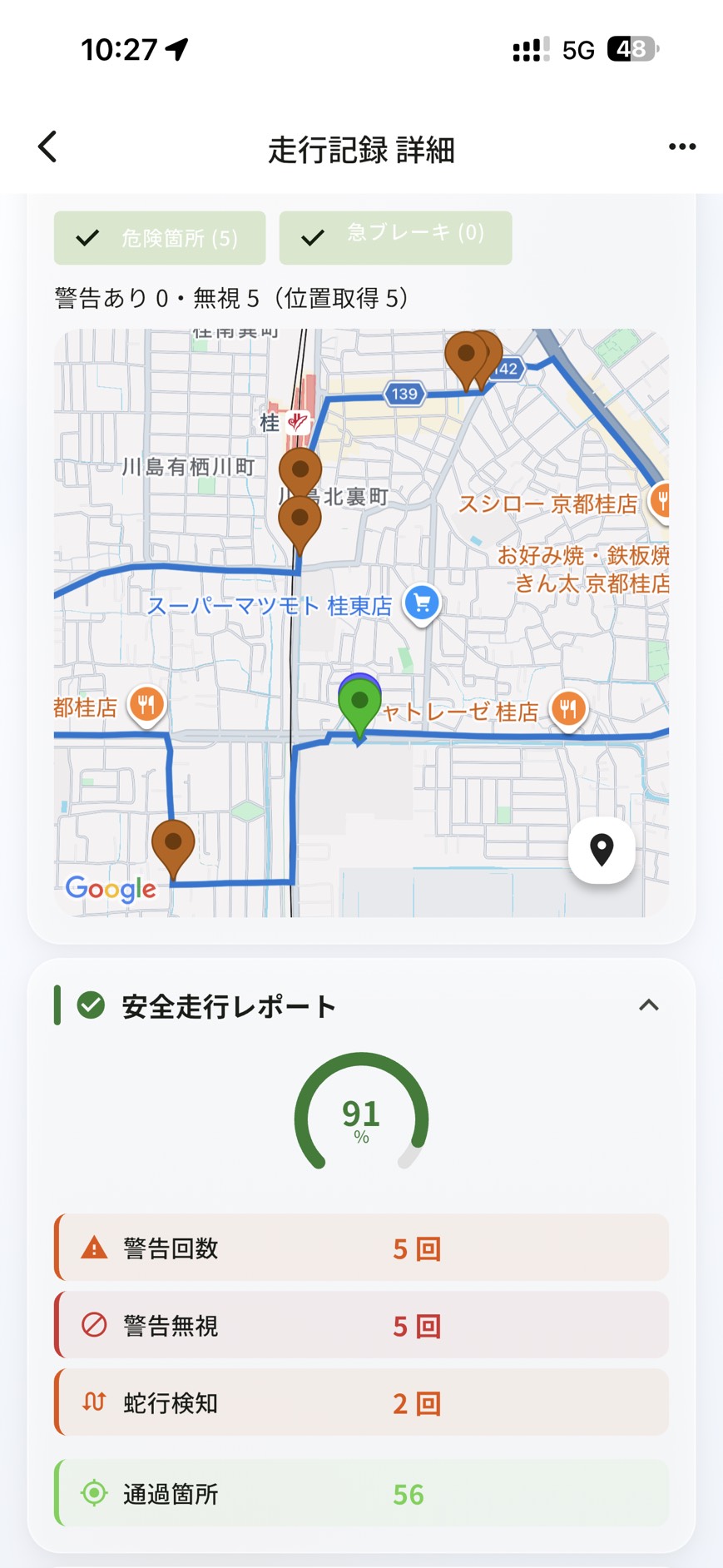 走行した道と安全走行レポートを振り返るアプリ画面